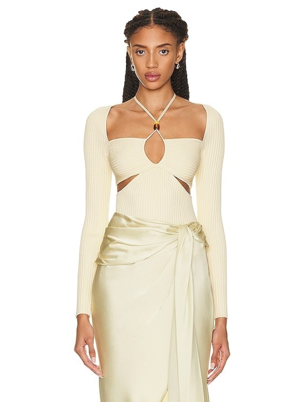 Jonathan Simkhai Cut-Out Ribbed Knit Long Sleeve Top with Halter Tie, Small